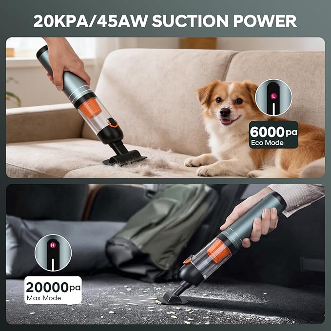 7-in-1 Aluminum Alloy Wireless Car Vacuum Cleaner, 20kPa Strong Suction Handheld Vacuum, Portable with Smart Digital Display, 2 Suction Modes for Car, Desk, Keyboard and Small Spaces（Cyan）