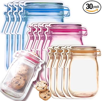 Fireboomoon 30 PCS Multi-Size Mason Jar Bottle Pattern Zipper Bags,Reusable Airtight Seal Leak-Proof Portable Food Snack