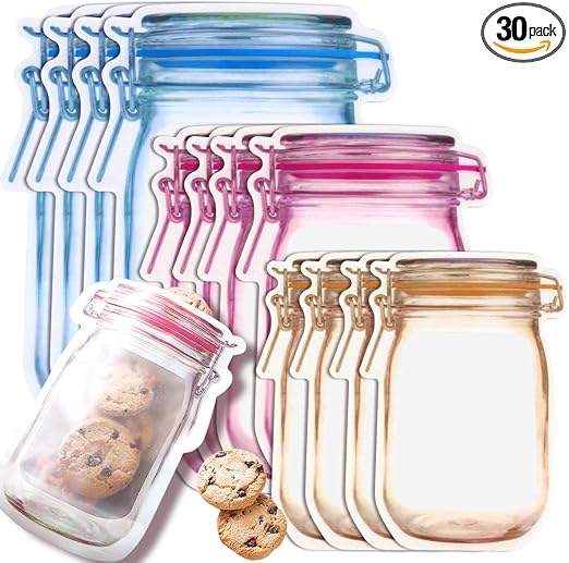 Fireboomoon 30 PCS Multi-Size Mason Jar Bottle Pattern Zipper Bags,Reusable Airtight Seal Leak-Proof Portable Food Snack