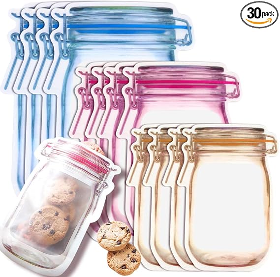 Fireboomoon 30 PCS Multi-Size Mason Jar Bottle Pattern Zipper Bags,Reusable Airtight Seal Leak-Proof Portable Food Snack
