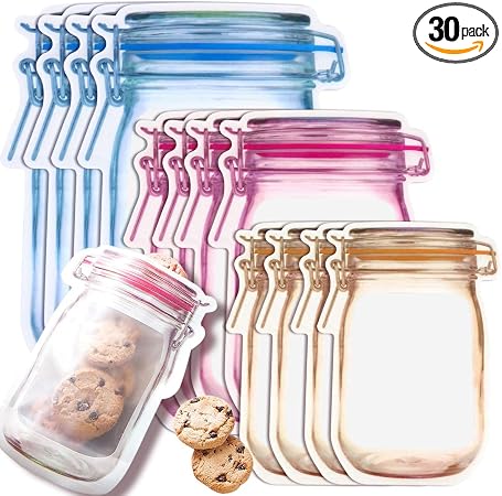 Fireboomoon 30 PCS Multi-Size Mason Jar Bottle Pattern Zipper Bags,Reusable Airtight Seal Leak-Proof Portable Food Snack