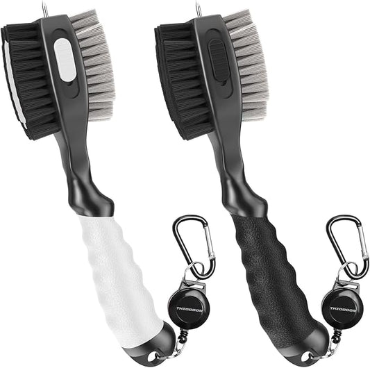 THIODOON 2 Pack Golf Club Brushes and Groove Cleaner 2 ft Retractable Zipline Carabiner Golf Brush Head with Retractable Spike Comfortable Grip Golf Club Cleaner