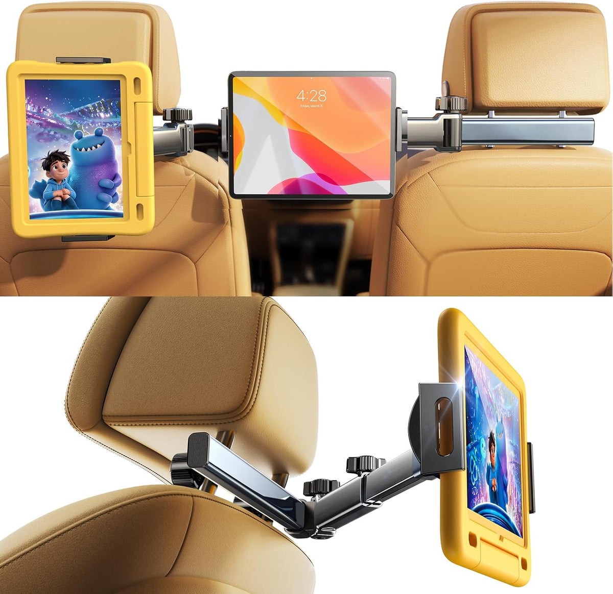 IPad Holder for Car Tablet Mount, 4 in 1 Adjust Arm Back Seat Stand