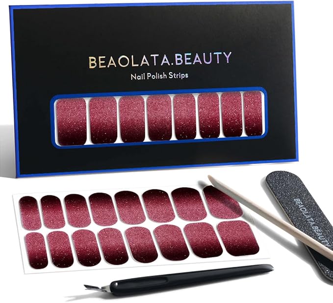 Nail Polish Strips, 32PCS Salon Quality Wraps, Long Lasting Gel Nail Stickers for Women Easy Apply& Remove (Sugar Sparkle Brown)