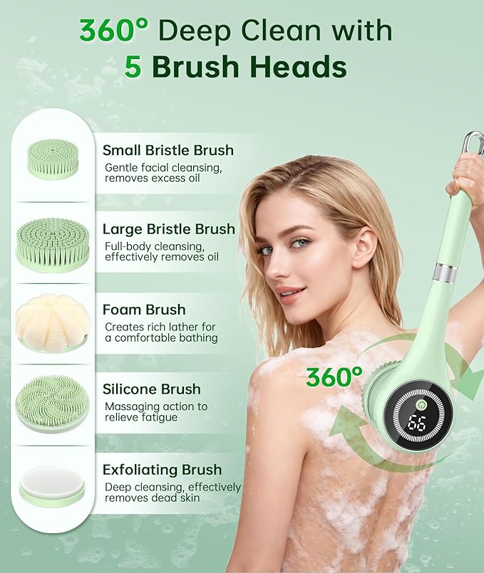 Electric Body Brush Back Scrubber for Shower, Waterproof Long Handle Power Auto Body Scrubber with 5 Heads, 3-Speed Rechargeable Bath Brush for Women, Men, Deep Cleansing, Exfoliating, Massage Skin