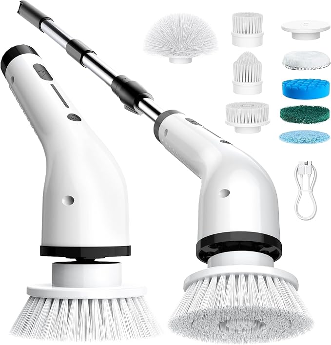 Electric Spin Scrubber for Cleaning,Cordless Waterproof Bathroom Shower Brushes with 9 Heads,1.5H Power Dual Speed Cleaner with Extendable Handles for Bathtub Floor Kitchen Wall