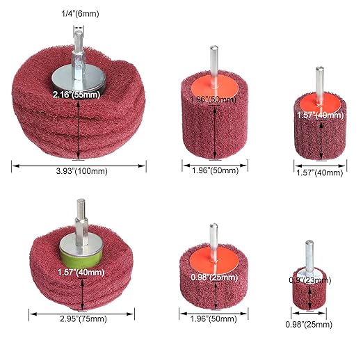 6PCS Non Woven Abrasive Buffing Polishing Wheel Drill Attachment Set,Scouring Pads Power Scrubber Cleaning Kit (red)