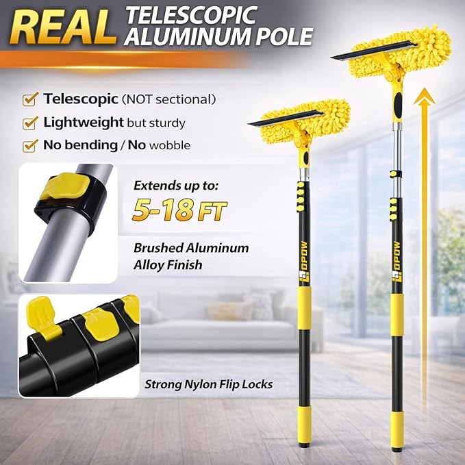 24ft Squeegee Window Cleaner with Extension Pole,2 in 1 Window Cleaning Tool with 5-Stage Telescopic Pole & Rotatable Head,Window Washing Equipment for Solar Panel, RV, Indoor/Outdoor Window,Car Glass