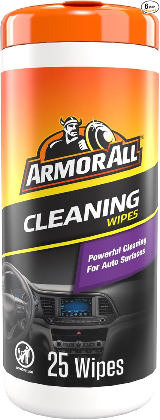 Armor All Interior Car Cleaning Wipes, Canister, Powerful Cleaning for Dashboards, Vinyl, Clear Plastics, Carpet and Fabric, 25 Count (Pack of 6)