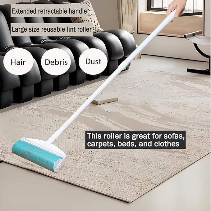 8 Inch Reusable Large Lint Roller, Washable Sticky Pet Hair Remover with Retractable Extendable Long Handle, Big Cleaning Tool for Clothes, Sofa, Carpet, Furniture, 1 Large, 1 Refill and 2 Mini Size