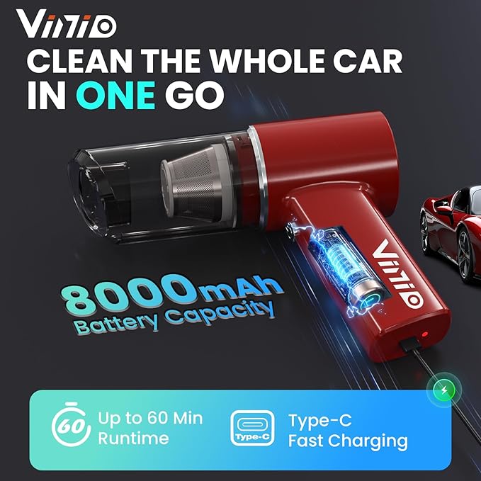 Vinid 8000mAh Cordless Car Vacuum Cleaner, 80W High Power Handheld Vacuum with Strong Suction, Portable Air Duster/Blower, Type-C Fast Charging for Car, Home, Office Desk, Pet Hair, Red