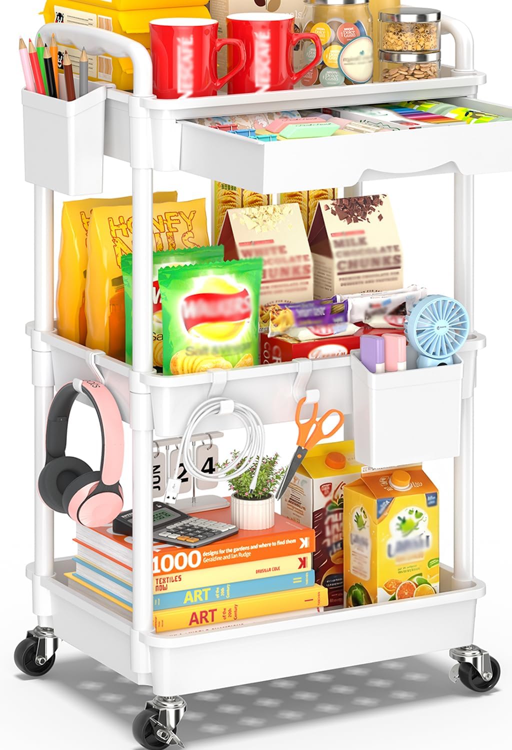 3 Tier Rolling Cart with Drawer, Craft Storage Cart Organizer,White