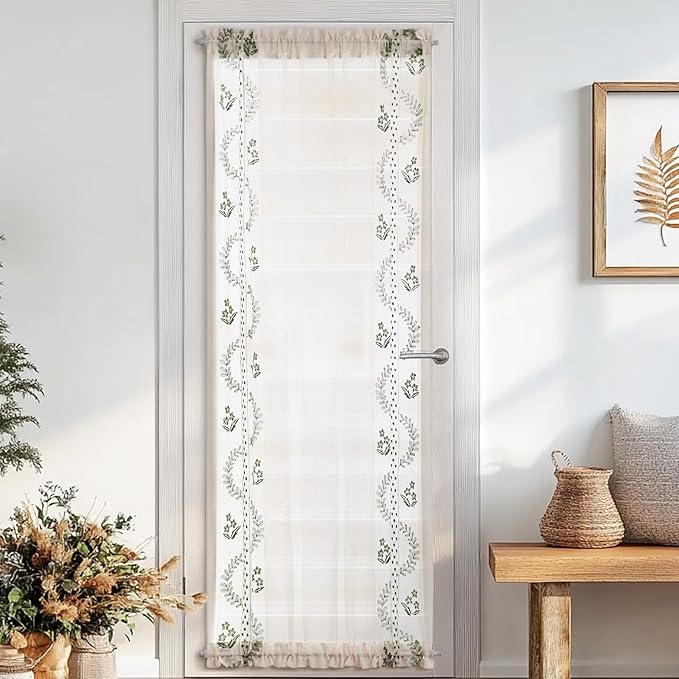jinchan Belrose Sheer French Door Curtain Embroidered Farmhouse Linen Curtain for Patio Light Filtering Door Window Closet 72 Inches 1 Panel Green on Beige