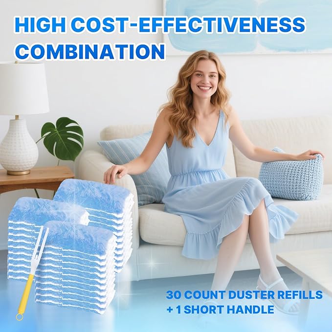 Duster Refill for Swiffer Duster, 30 Count Heavy Duty Duster Refills with 1 Handle, 360 Dusters Refills Kit with 4X Microfibers, Disposable Dusters for Swiffer Duster Extended Handle for Cleaning