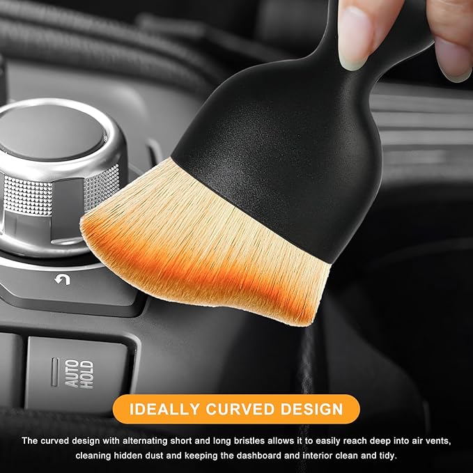 2 PCS Car Interior Detailing Brush, Curved Car Interior Cleaning Brush with Ultra Soft Bristles & Dust Cover, Scratch-Free Auto Dusting Brushes for Dashboard AC Vent Leather (Brown)