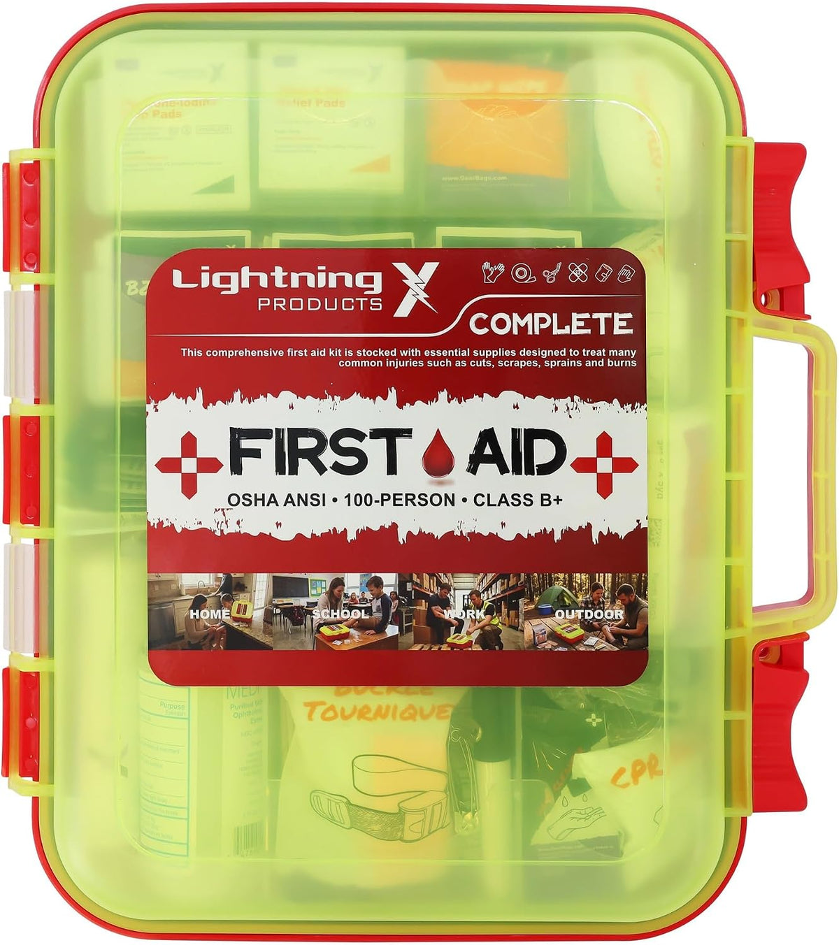 Lightning X Large 364pc OSHA ANSI Class B+ First Aid Kit, High Vis Fluorescent Hard Case, Dual-Layer Organized Emergency Medical Kit for Office, Jobsite & Home