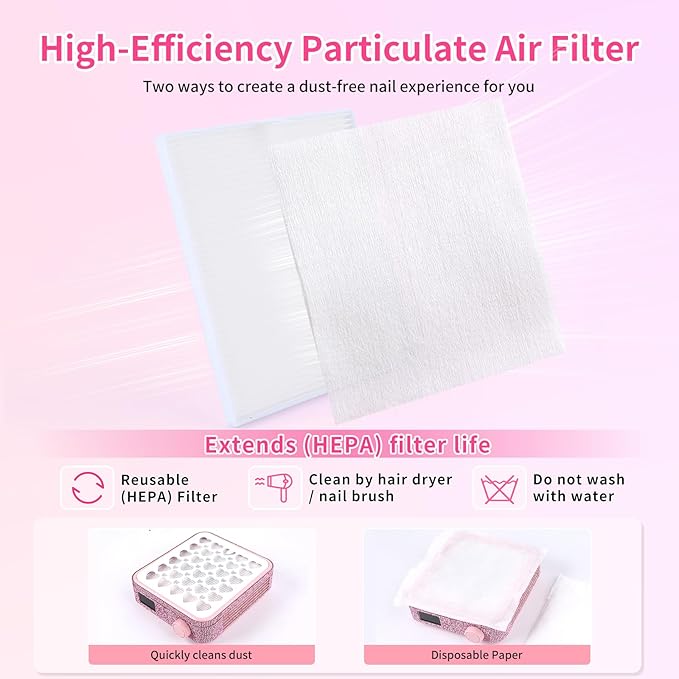 BQAN Nail Dust Collector Portable for Home & Salon - 4200RPM Vacuum with Reusable Filter, for Acrylic Drilling Dust Beginner Friendly Small Manicure Tool (Pink Rhinestones)