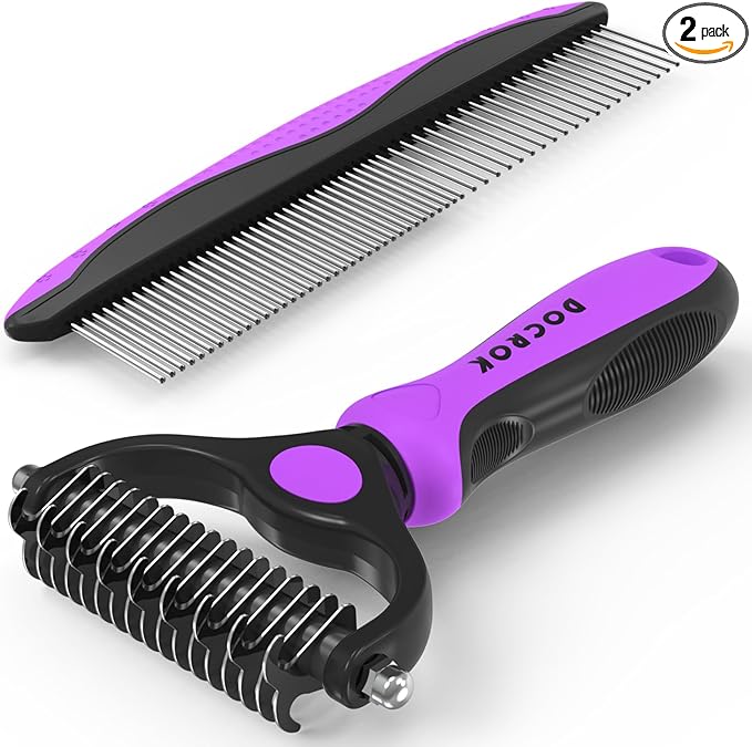 Docrok Pet Grooming Brush and Metal Comb Combo - Undercoat Rake for Dematting and Deshedding Long Matted Haired Dogs and Cats, Purple