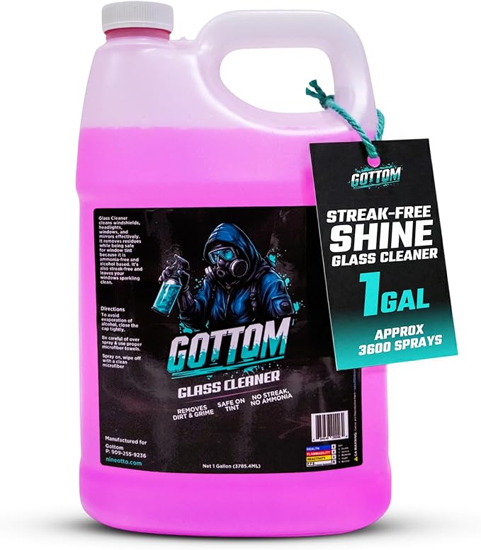Gottom Glass Cleaner – 128oz, Ammonia Free, Streak-Free Window & Glass Cleaner, Safe on Tint – Perfect for Mirrors, Windows, & Glass Surfaces – Effective Dirt & Grime Remover