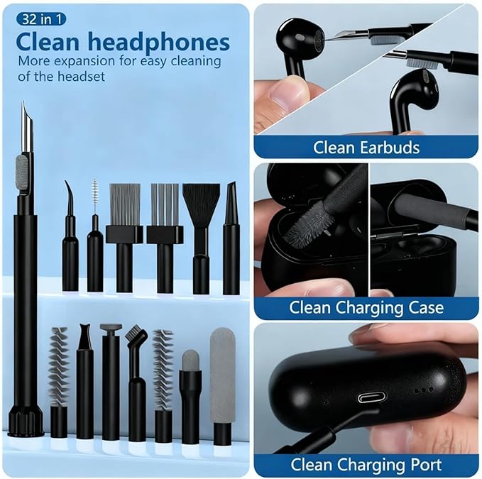 32 in 1 Cell Phone Cleaning kit with Charging Port Cleaner,Stylus Pen,SIM Tool,Keyboard Brush,Speaker Brush,Electronic Cleaning kit for iPhone,AirPods,iPad,Keyboard,MacBook,Earbud,Camera Lens(Black)