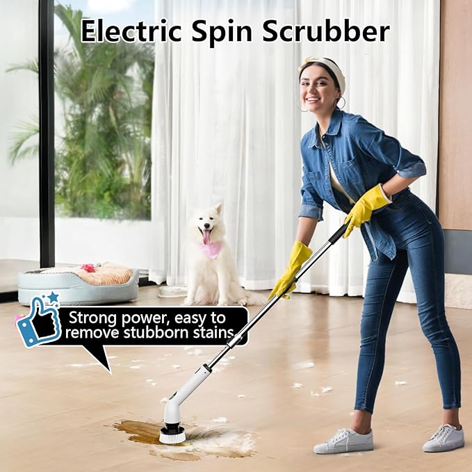 TUYU Electric Spin Scrubber, Full-Body IPX7 Waterproof Bathroom Scrubber,4 Replacement Head for Adjustable Extension Handle Electric Cleaning Brush for Bathroom, Tub, Tile