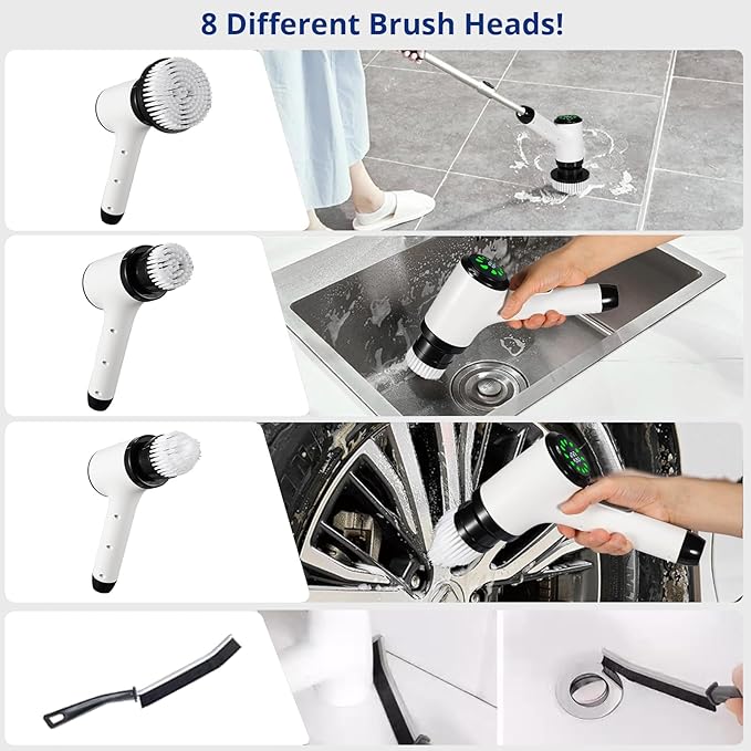 Electric Spin Scrubber, Cordless Power Cleaning Brush with 8 Replaceable Heads, 2 Adjustable Speeds, LED Display & Long Handle, Ideal for Bathroom Tub Tile Floor Car Cleaning