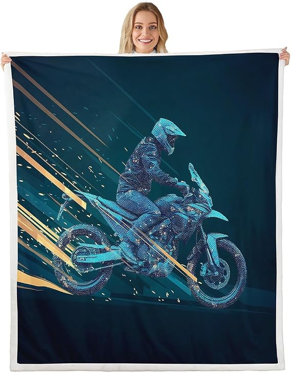 Erosebridal Boys Dirt Bike Throw Blanket 40"X50", Motocross Rider Fleece Blanket Racer Extreme Sports Sherpa Blanket for