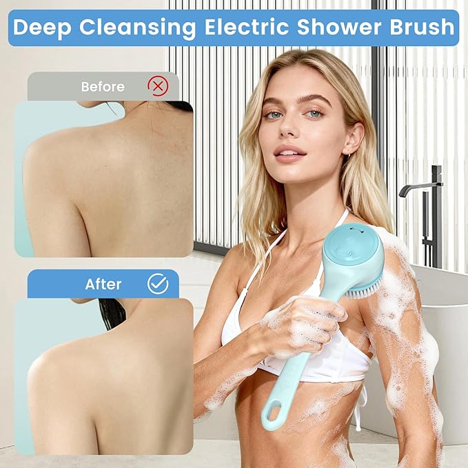 Electric Back Scrubber for Shower - Waterproof Rechargeable Exfoliating Brush for Deep Cleansing, Soft Bristles for Sensitive Skin, Dry/Wet Use for Back, Arms & Legs (Blue)