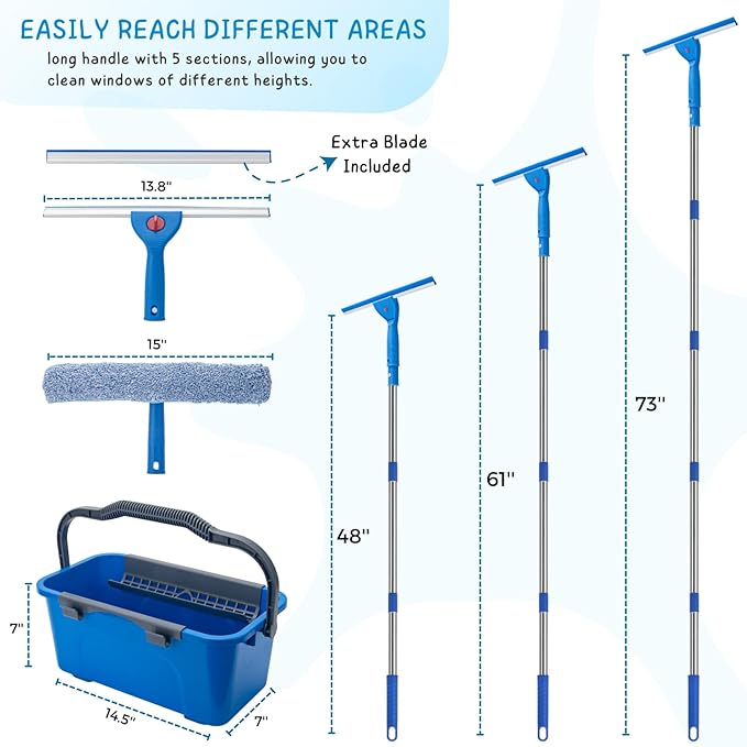 Window Cleaning Kit for Home and Commercial Use, 6 Ft Long Handle Professional Glasses Cleaner Squeegee with 3 Gallon Bucket and Spray Bottle and Scrubber, Car Windshield Washing Tool