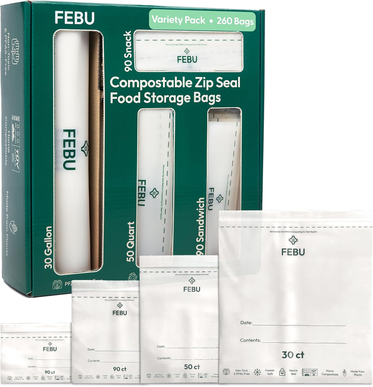 Compostable Food Storage Bags Variety Pack, 260 Count