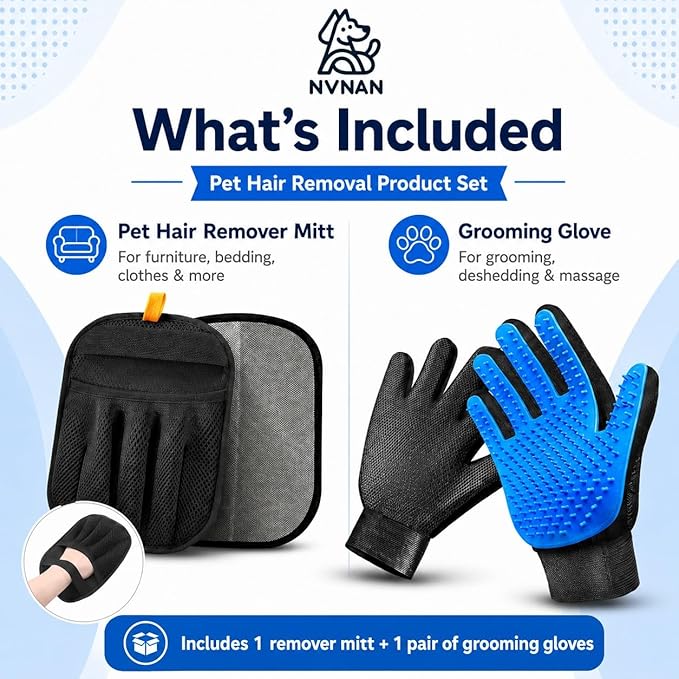 NVNAN 3 PCS Pet Hair Removal Glove and Pet Grooming Glove Kit for Cats & Dogs, Pet Hair Gloves & Dog Washing Gloves ，Reusable Magic Brush Pet Hair Remover Tool for Laundry，Carpet,Car Seat，Couch