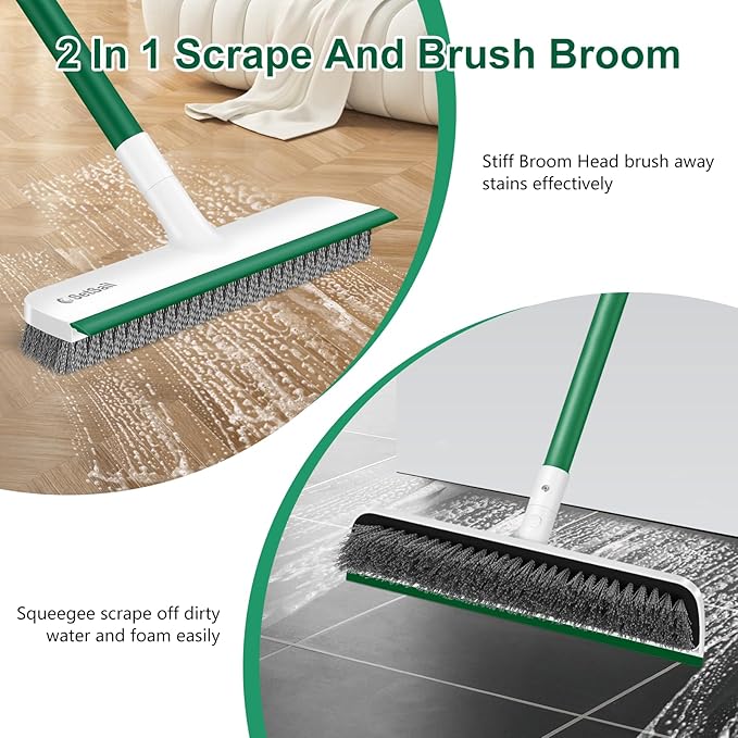 SetSail Upgraded Large 12 in Wide Floor Scrub Brush with 51-Inch Long Adjustable Handle 2 in 1 Scrape Brush Stiff Bristle Floor Scrubber for Cleaning Shower Bathroom Garage Kitchen Wall Deck Tub Tile