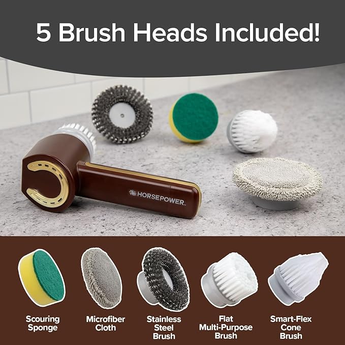 Horsepower Scrubber Gold Edition, Longer Battery Life, Electric Power, Rechargeable, Spins 350 RPM, Waterproof, 5 Brush Heads, AS SEEN ON TV, Cleans Dirt & Grime: Bathrooms, Kitchen, Indoors/Outdoors