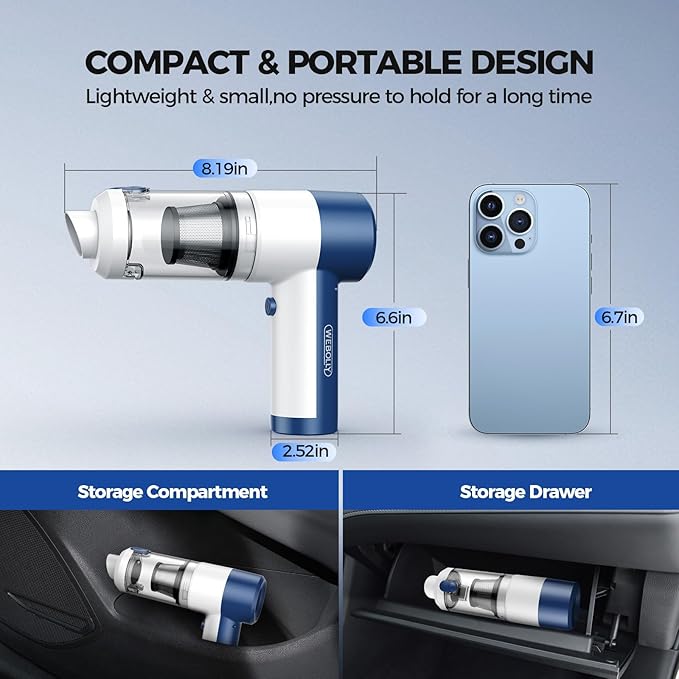 Car Vacuum Cleaner Cordless, 4 in 1 Portable Vacuum Cleaner 16000PA High Power Air Duster & Air Blower & Pump, Rechargeable Handheld Vacuum with Brushless Motor, Multi-Nozzles for Car, Home, Office