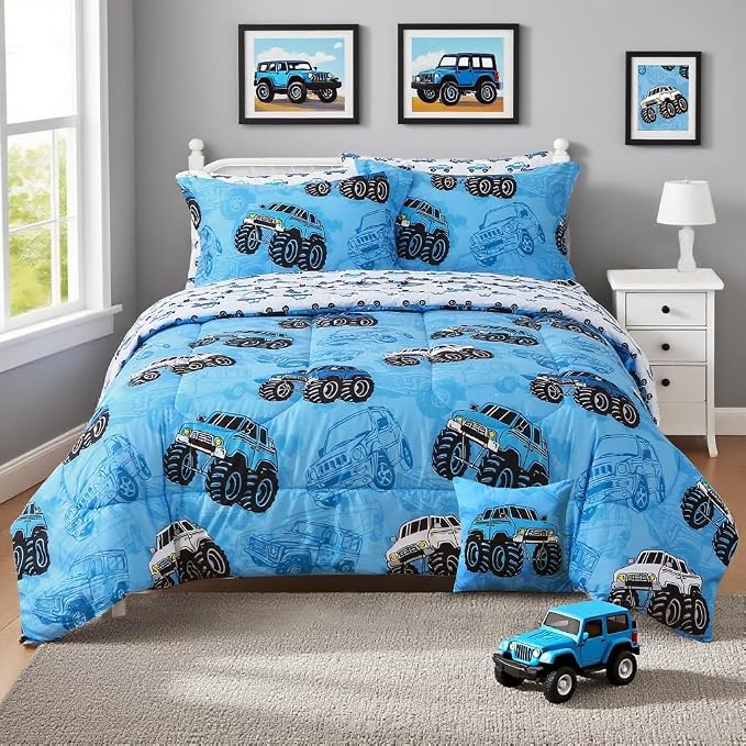 Mooreeke Kids Twin Comforter Sets for Boys 6 Pieces Truck Blue Bedding Set for Teens Soft Microfiber Kids Bed in A Bag w