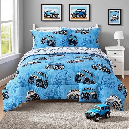 Mooreeke Kids Twin Comforter Sets for Boys 6 Pieces Truck Blue Bedding Set for Teens Soft Microfiber Kids Bed in A Bag w