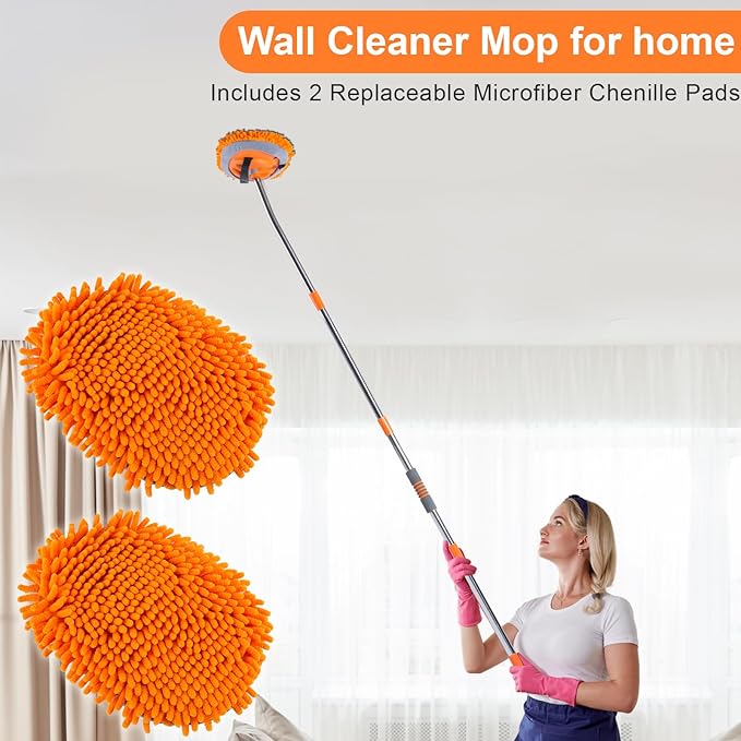 Wall Cleaner Mop with 68” Long Handle,15°Labor-Saving Elbow,Multi-Surface Duster for Painted Walls,Floor,Baseboard & Windows, Includes 2 Replaceable Microfiber Chenille Pads