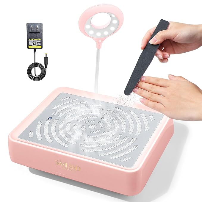 SAVILAND Nail Dust Collector with Lamp – Powerful Nail Vacuum Fan 40W Dust Collector Extractor Electric Dust Suction Machine with Reusable Filter for Acrylic Gel Nails Polishing, Low Noise, Pink