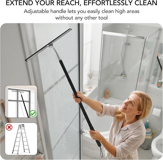 Shower Squeegee for Glass Doors, Shower Squeegee with Long Handle, Extendable Window Cleaner Tool for Car Windows, Tile Walls, Sliding Door