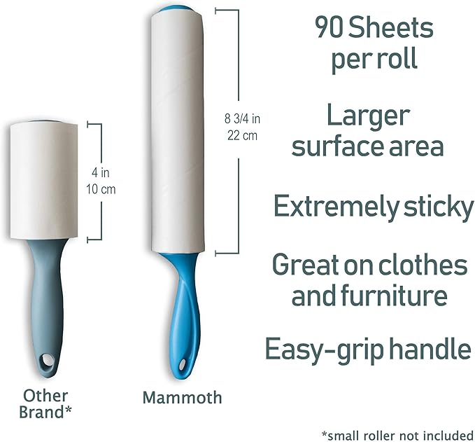 Mammoth Lint Roller-Extra Large Lint Roller, 2 Rollers and 2 Refills, 90 Sheets per Roll, Perfect for Pets (360 Extra Long Sheets Total)