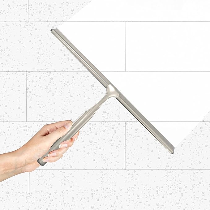 Better Living Deluxe XL Shower Squeegee, Multi-Purpose Silicone Squeegee Blade with Storage Hook, Rust-Proof Heavy Duty Window, Glass, Shower Scrubber, Windshield Wiper, 12", Brushed Nickel