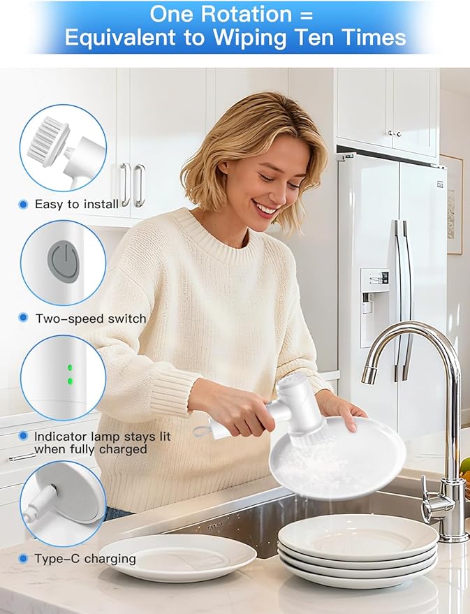 Electric Spin Scrubber - Cordless IPX7 Waterproof Shower Scrubber with 2 Speed Settings and 6 Replaceable Heads，Electric Cleaning Brush for Bathroom，Kitchen and Windows