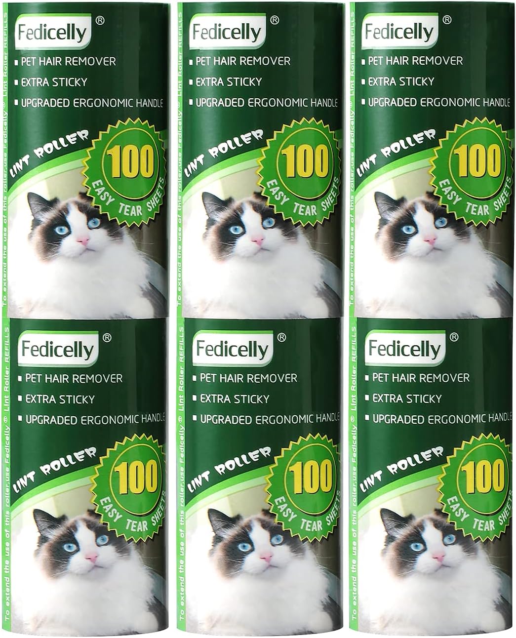 Lint Rollers Pet Hair Extra Sticky Refills,Mega Value Set 600 Sheets for Cat and Dog Hair Removal,100 Sheets Per Roller (Pack of 6) Green