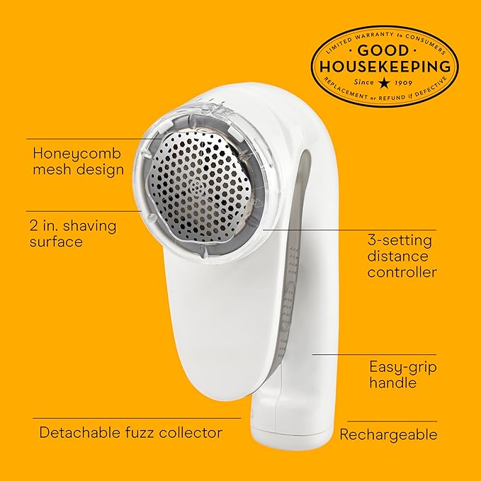 Conair Fabric Shaver and Lint Remover, Rechargeable Portable Clothes Shaver with 3 Settings, Fuzz Remover for Sweaters, Clothing, and Furniture, Large 2-Inch Shaving Head, White