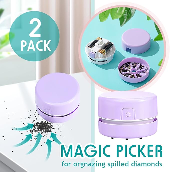 Honoson 2 Pcs Diamond Painting Tool Drill Quicker Picker for Spilled Diamonds 5d Painting Accessories Vacuum Cleaner Mini Table Desktop Sweeper Organizer Clean Art Beads Crumb(Light Purple)