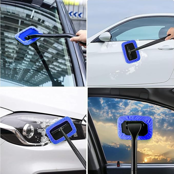 desin Car Windshield Cleaner Tool with Extendable Handle, Inside Auto Window Glass Cleaning Kit with 5 Washable Microfiber Pads, Streak-Free Defogger Wand for Deep Dashboards & SUVs