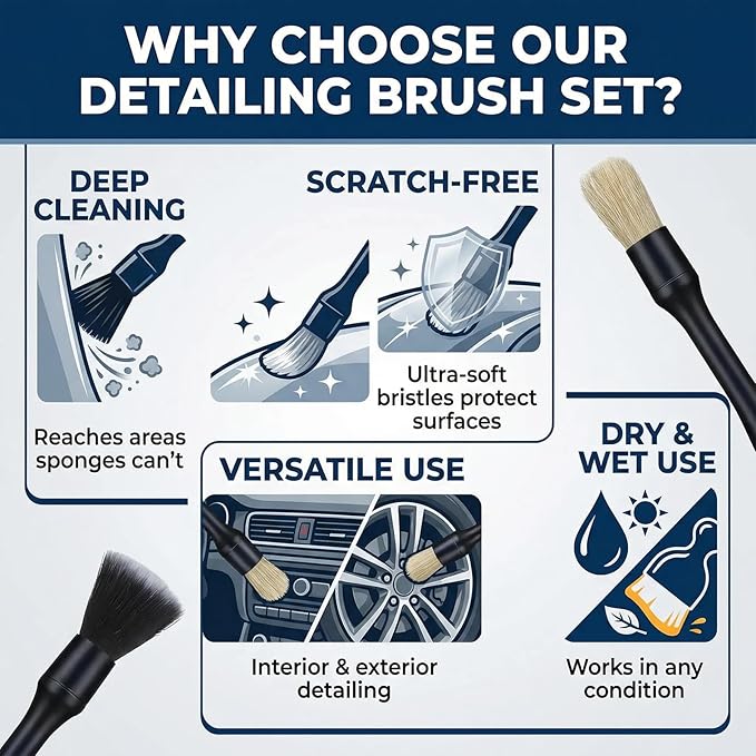 5 PCS Car Detailing Brush Set, Ultra-Soft Boar Hair Brushes for Interior & Exterior Cleaning, Multi-Use Duster for Air Vents, Wheels & Leather, Professional Car Wash Supplies