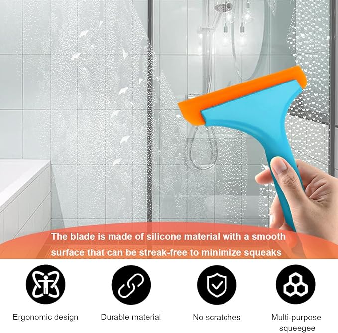 KVAEY 2PCS Small Silicone Window Squeegee, 5.9 Inch Car Windshield Water Blade Squeegee with Non-Slip Handle, All-Purpose Cleaning Squeegee for Car Windshield, Window, Mirror (Black+Blue)