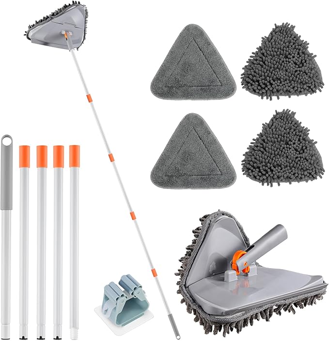 Wall Cleaner Triangle Mop with 82'' Long Handle - Wall Scrubber, Cleaning Washer Tool with 4 Microfiber Chenille Duster Pads for Clean Walls, Ceiling, Windows, Baseboards, Floors (Gray, 4 Pads)