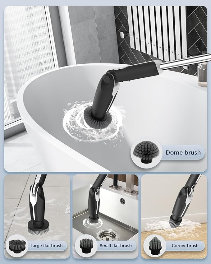 Leebein Electric Spin Scrubber, Shower Scrubber with 4 Adjustable Angles and 8 Brush Heads, Electric Scrubber with Long Handle & Remote Controller, Cleaning Brush for Bathroom, Tub, Floor (Black)